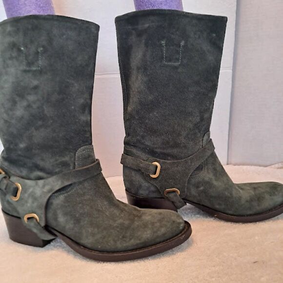 Ralph Lauren Collection Harness Boots Italy Green Suede 1.5" Cowgirl Heel Buckle - Picture 1 of 15